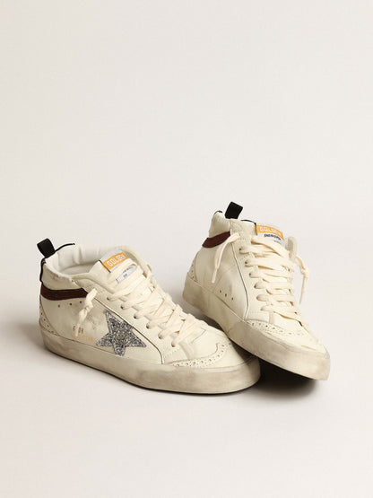 Golden Goose Mid Star Ltd In White Nappa Leather With Silver Glitter Star Womens