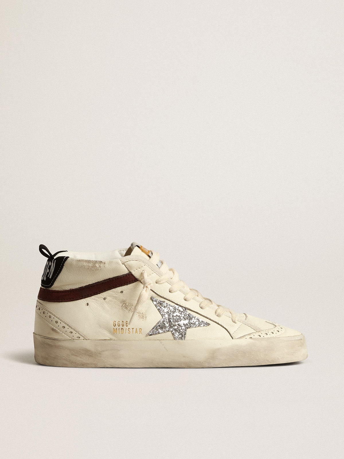 Golden Goose Mid Star Ltd In White Nappa Leather With Silver Glitter Star Womens