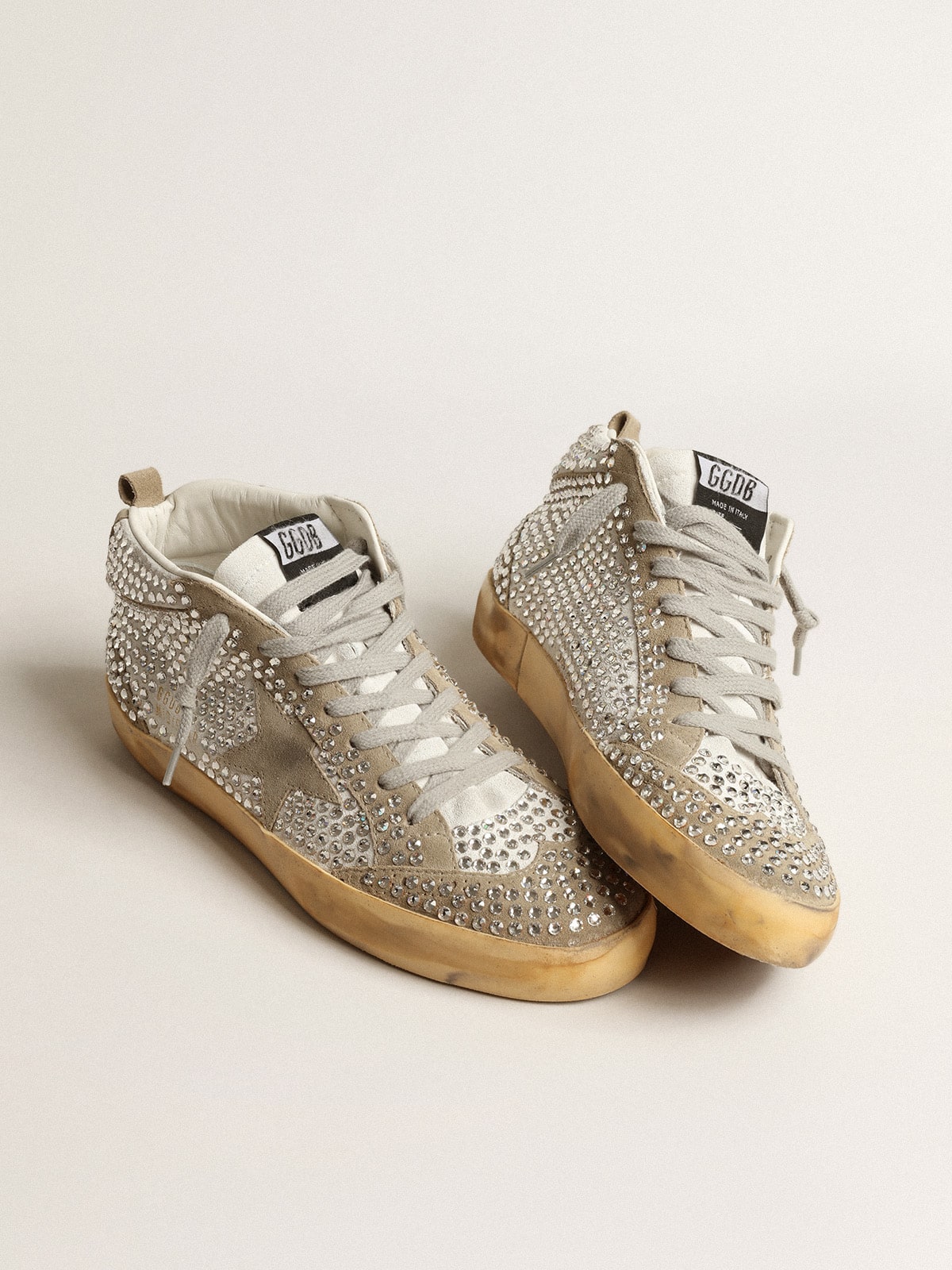 Golden Goose Womens Mid Star In White And Dove-Gray Suede With Swarovski Crystals Womens