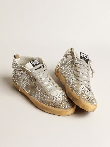 Golden Goose Womens Mid Star In White And Dove-Gray Suede With Swarovski Crystals Womens