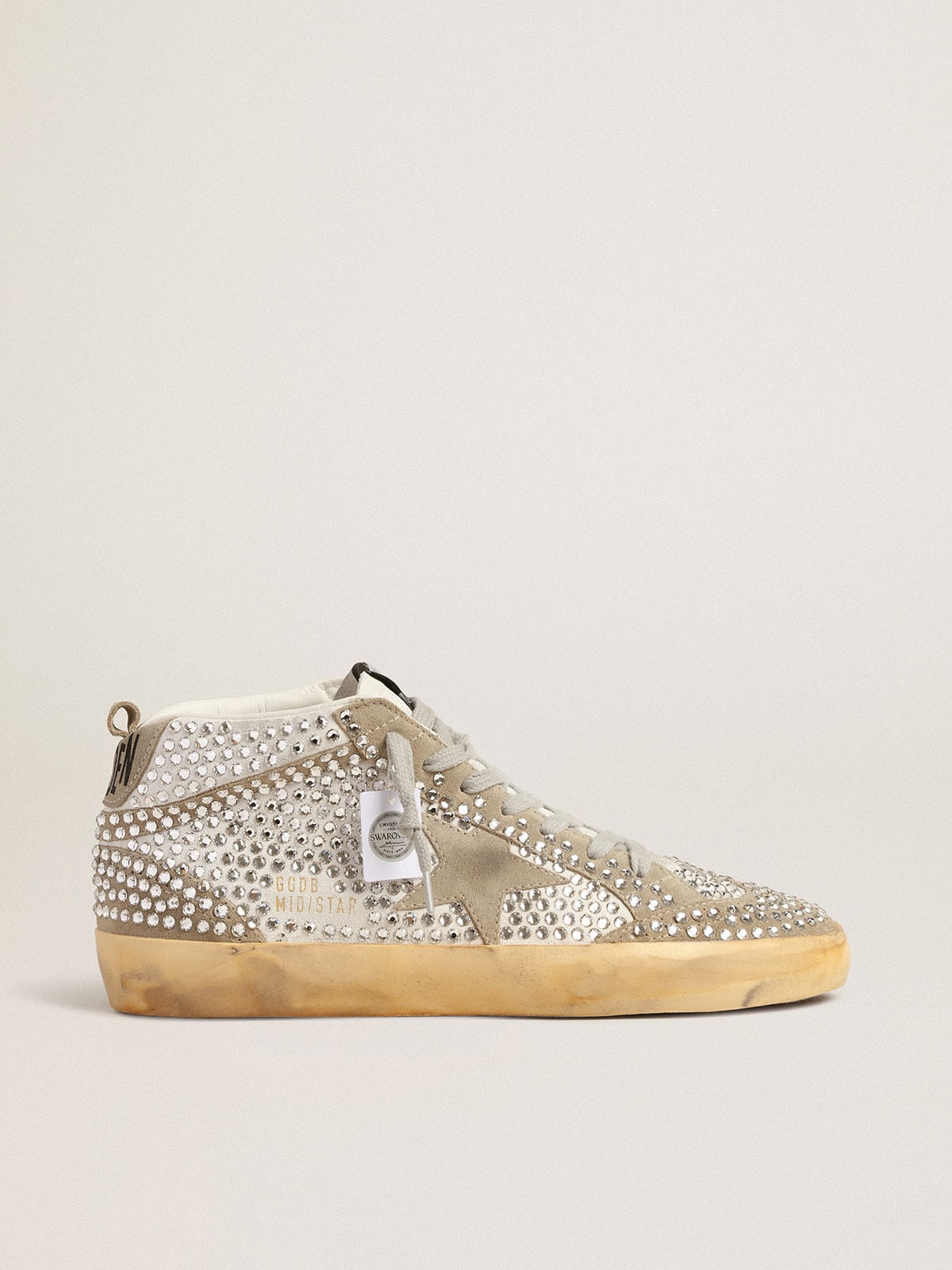 Golden Goose Womens Mid Star In White And Dove-Gray Suede With Swarovski Crystals Womens