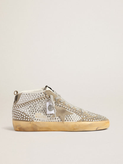 Golden Goose Womens Mid Star In White And Dove-Gray Suede With Swarovski Crystals Womens