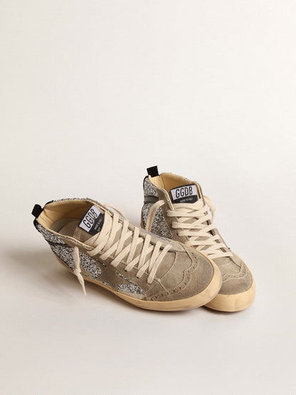 Golden Goose Mid Star In Silver Glitter With Suede Star And Black Flash Womens