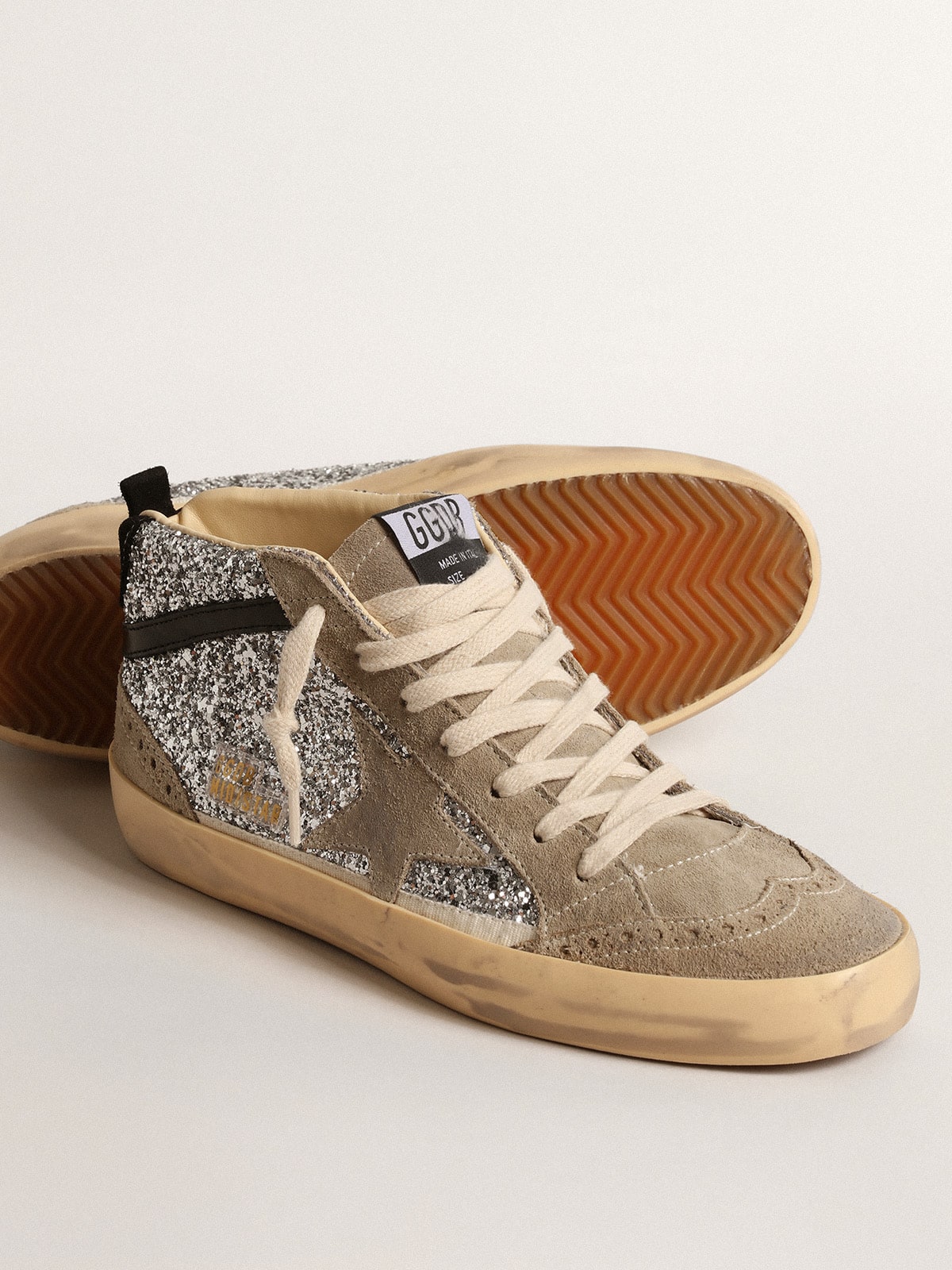 Golden Goose Mid Star In Silver Glitter With Suede Star And Black Flash Womens