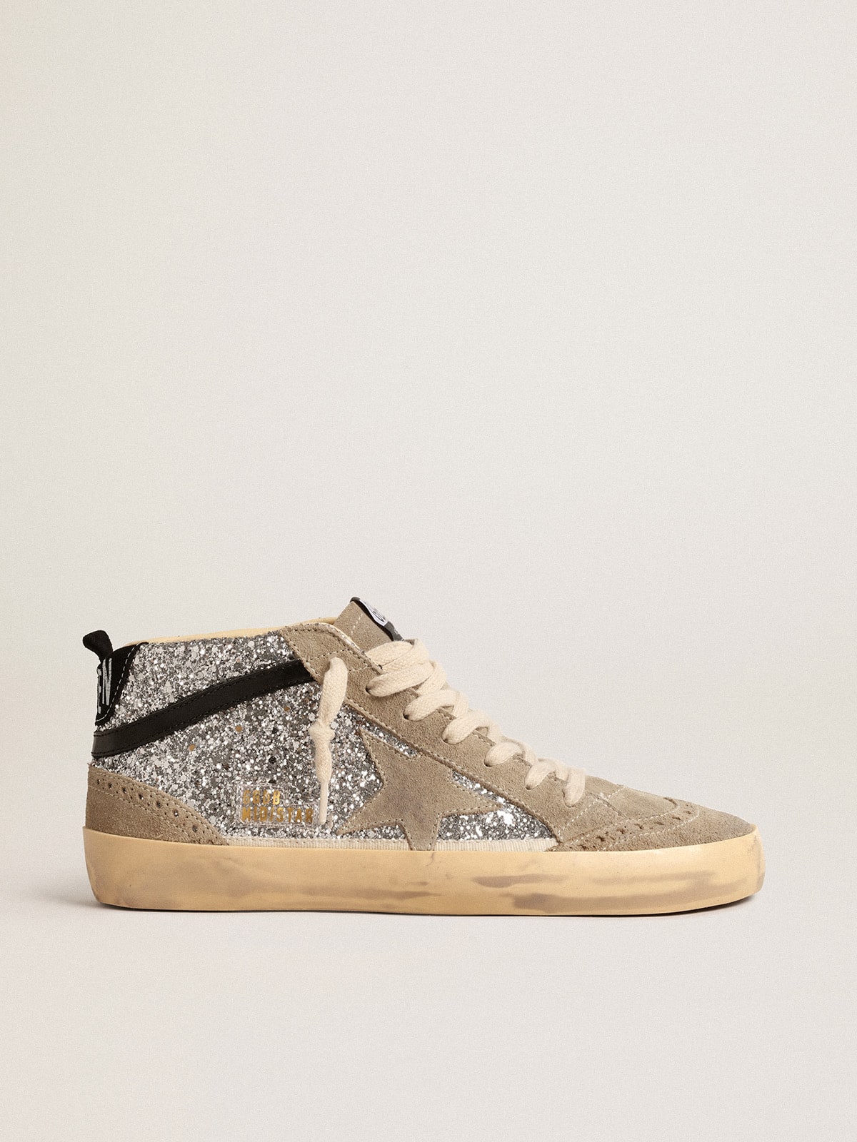 Golden Goose Mid Star In Silver Glitter With Suede Star And Black Flash Womens