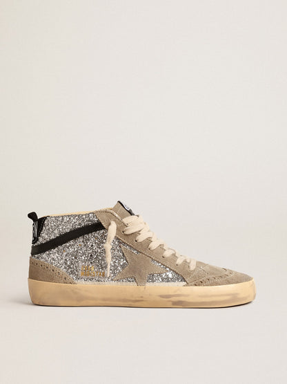 Golden Goose Mid Star In Silver Glitter With Suede Star And Black Flash Womens