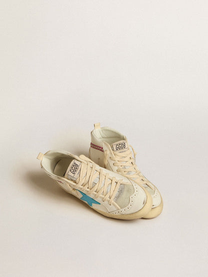 Golden Goose Womens Mid Star In Leather With Light Blue Star And Fuchsia Suede Flash With Platinum Studs Womens