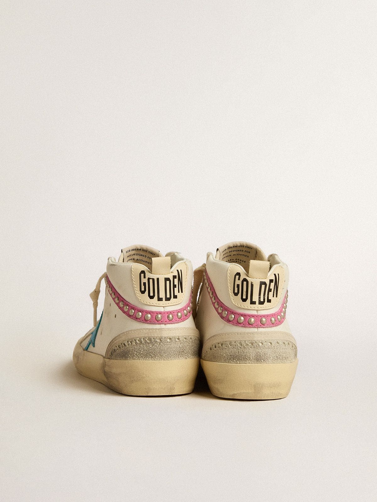 Golden Goose Womens Mid Star In Leather With Light Blue Star And Fuchsia Suede Flash With Platinum Studs Womens