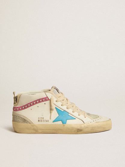 Golden Goose Womens Mid Star In Leather With Light Blue Star And Fuchsia Suede Flash With Platinum Studs Womens