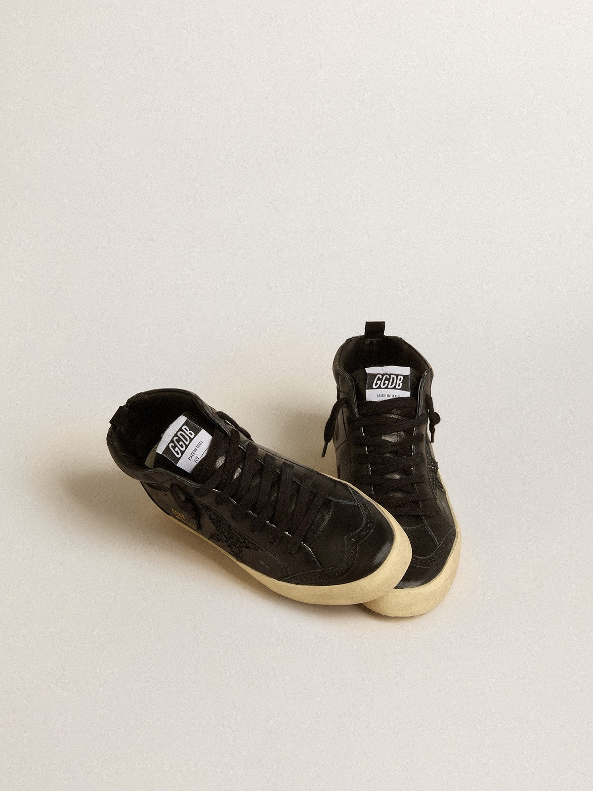 Golden Goose Womens Mid Star In Black Nappa With Black Glitter Star And Suede Flash Womens