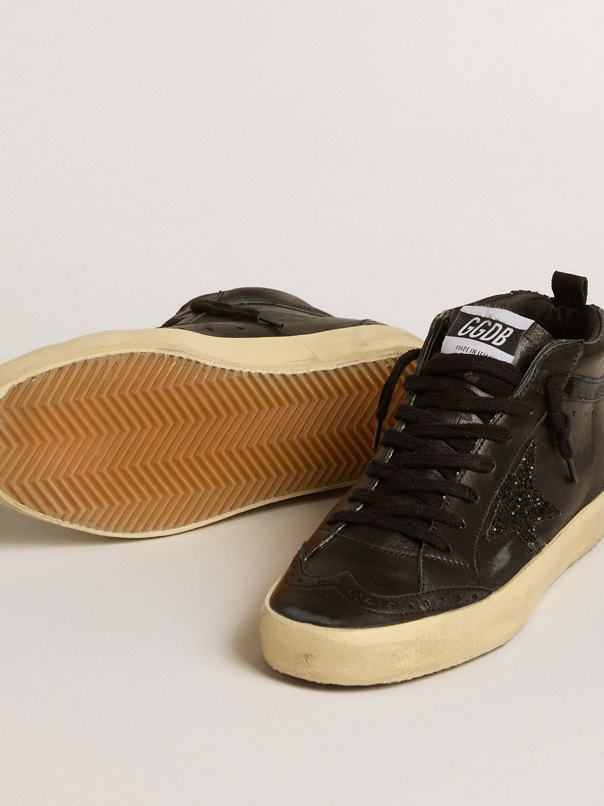 Golden Goose Womens Mid Star In Black Nappa With Black Glitter Star And Suede Flash Womens