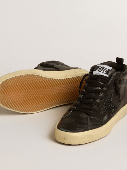 Golden Goose Womens Mid Star In Black Nappa With Black Glitter Star And Suede Flash Womens