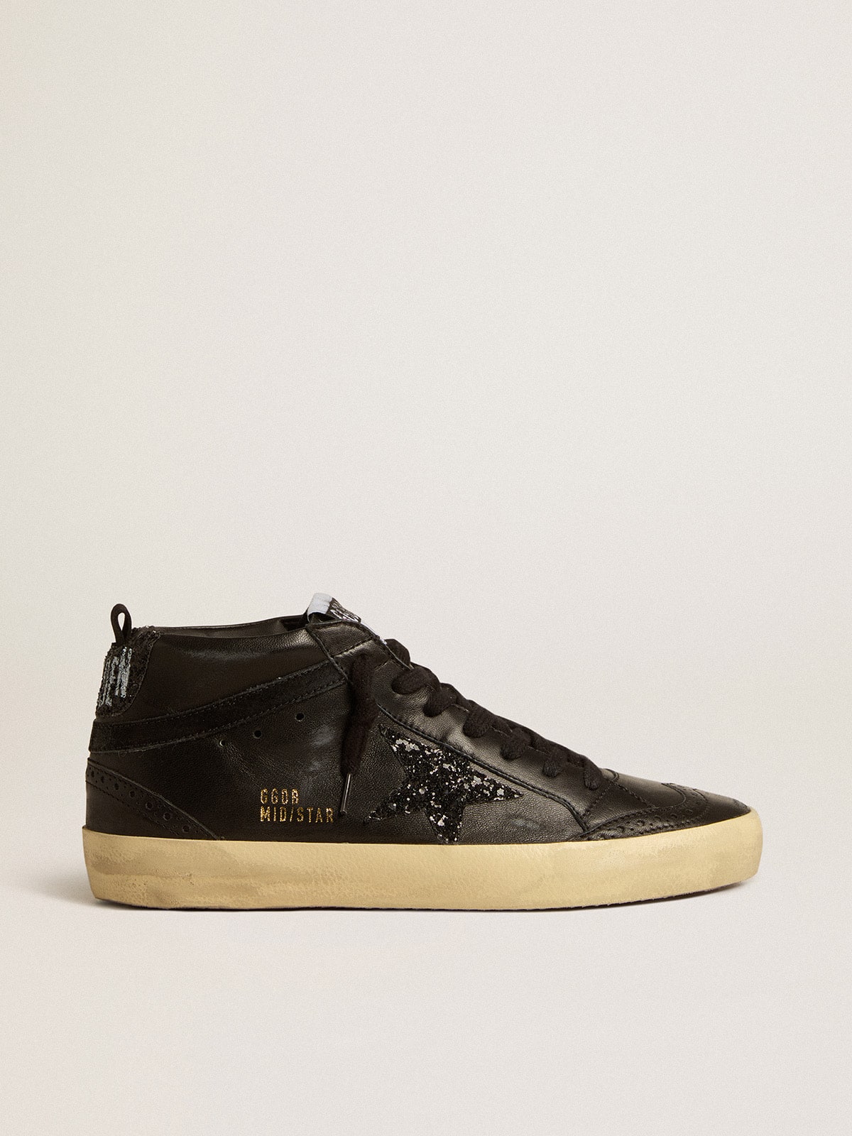 Golden Goose Womens Mid Star In Black Nappa With Black Glitter Star And Suede Flash Womens