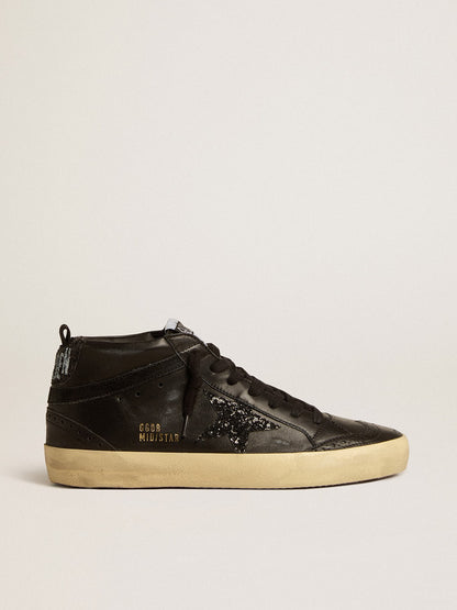Golden Goose Womens Mid Star In Black Nappa With Black Glitter Star And Suede Flash Womens