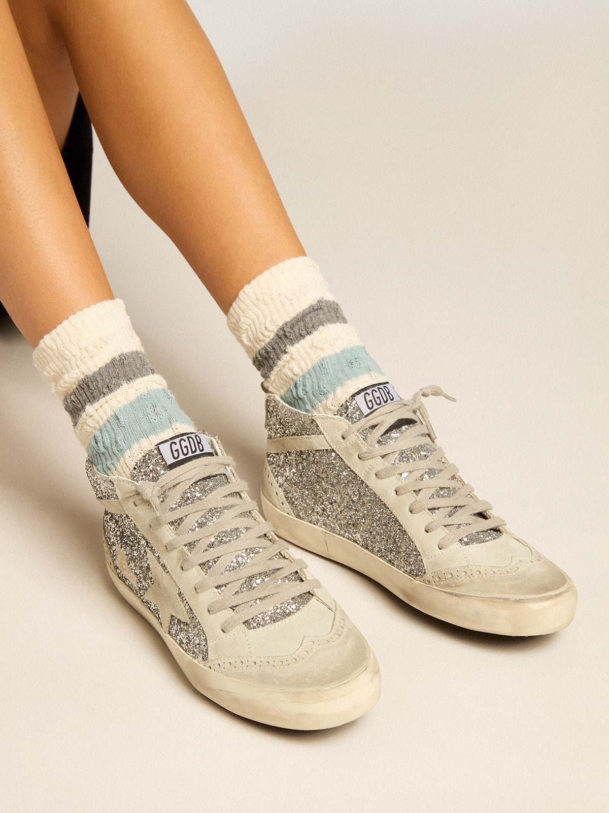 Golden Goose Mid Star In Silver Glitter With Ice-Gray Suede Star And Flash Womens