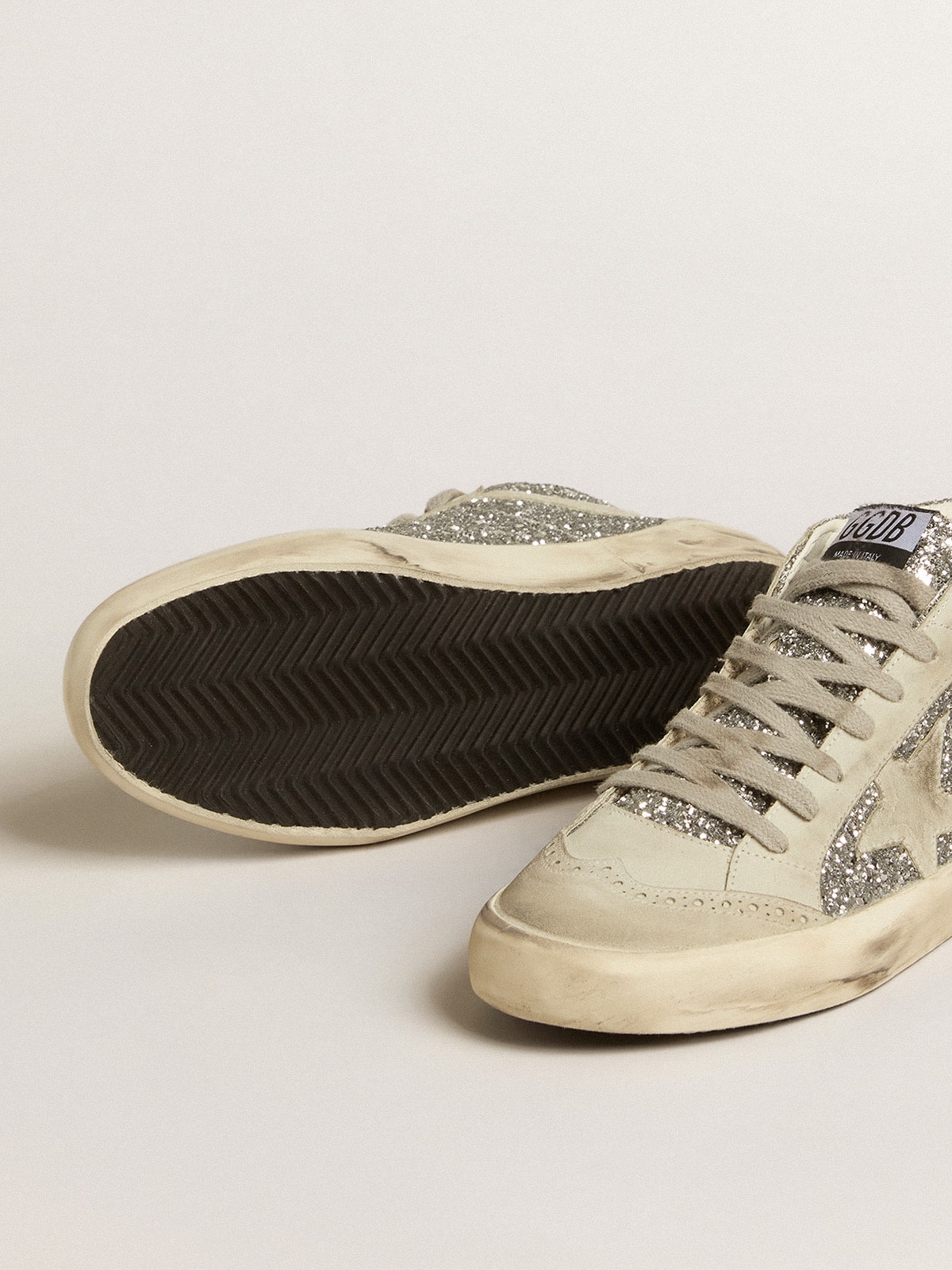 Golden Goose Mid Star In Silver Glitter With Ice-Gray Suede Star And Flash Womens