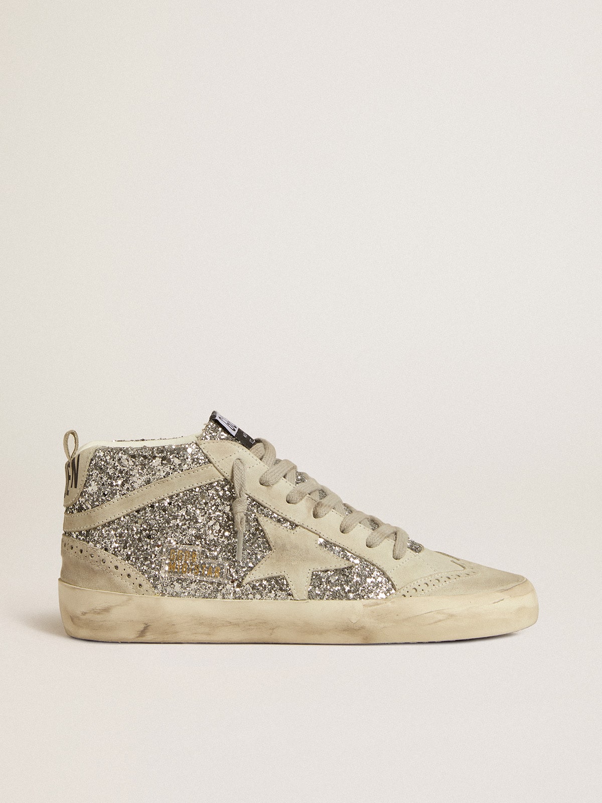 Golden Goose Mid Star In Silver Glitter With Ice-Gray Suede Star And Flash Womens