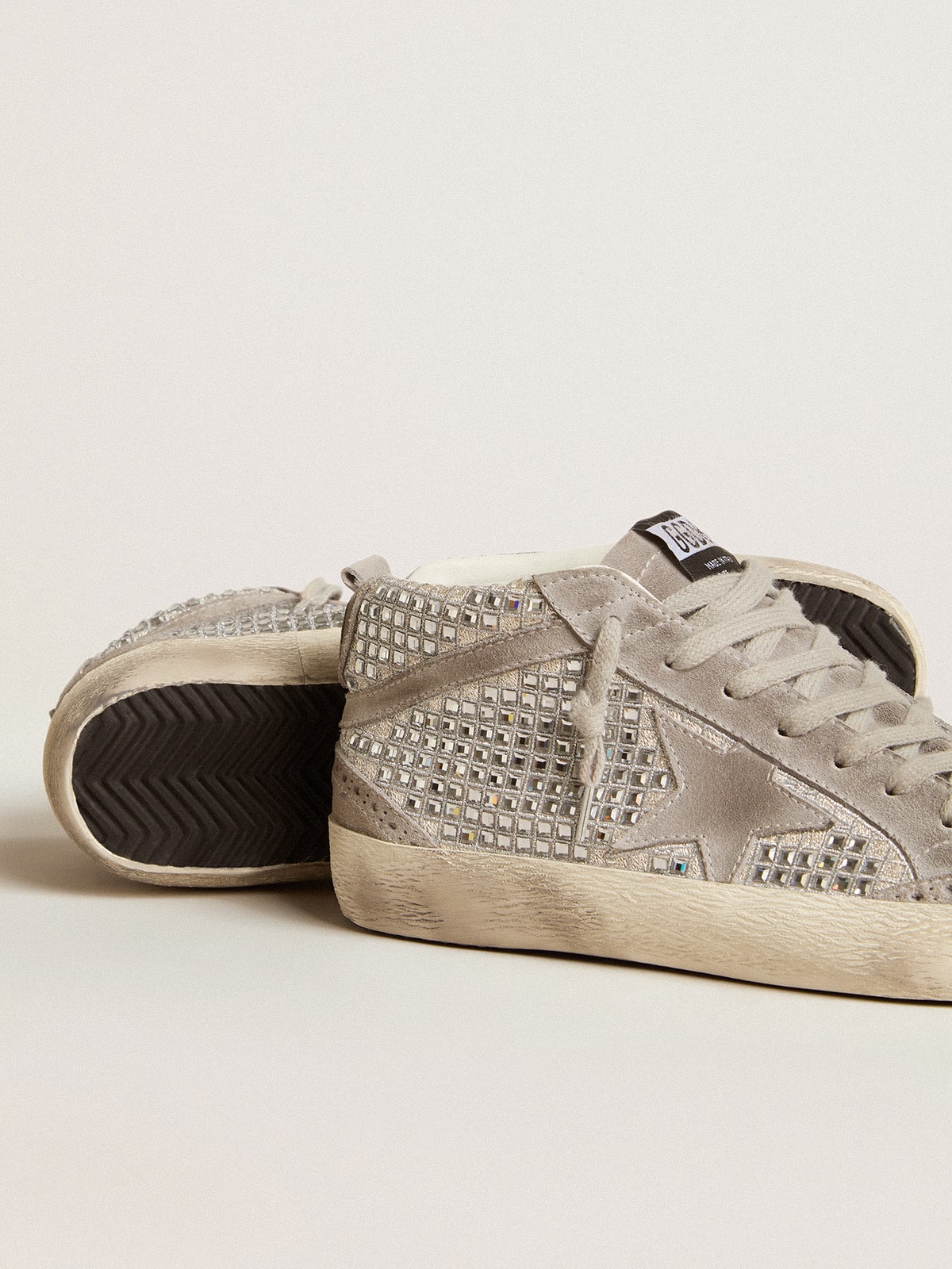 Golden Goose Mid Star In Silver Suede With Swarovski Crystals And Suede Star Womens