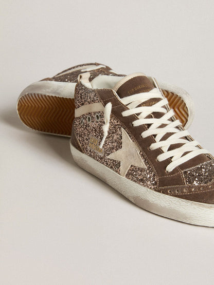 Golden Goose Womens Mid Star In Glitter With Pearl Suede Star And Brown Suede Inserts Womens