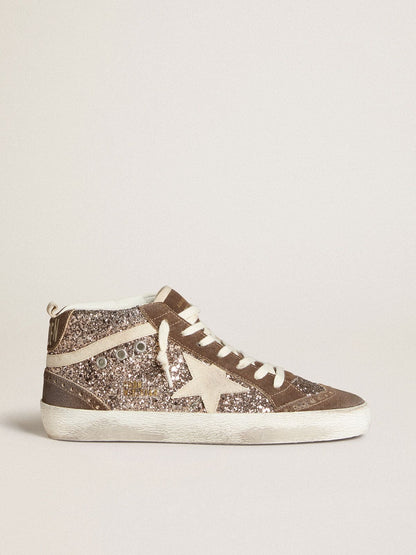 Golden Goose Womens Mid Star In Glitter With Pearl Suede Star And Brown Suede Inserts Womens