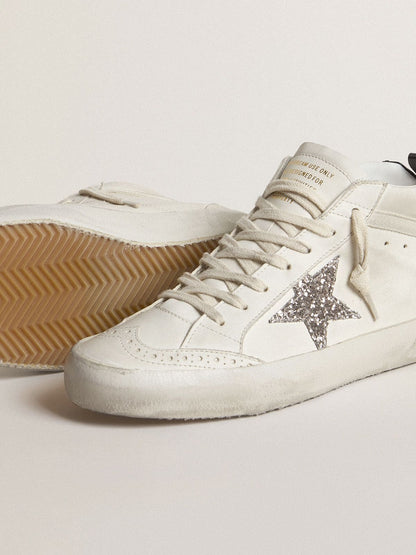 Golden Goose Womens Mid Star With Silver Glitter Star And Black Laminated Heel Tab Womens