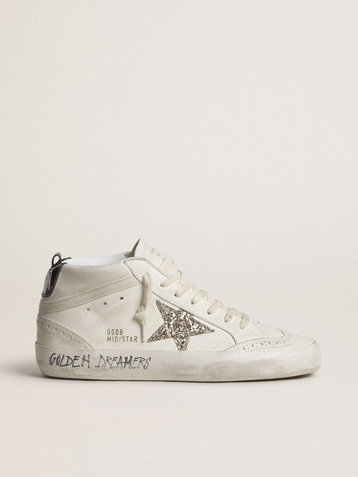 Golden Goose Womens Mid Star With Silver Glitter Star And Black Laminated Heel Tab Womens