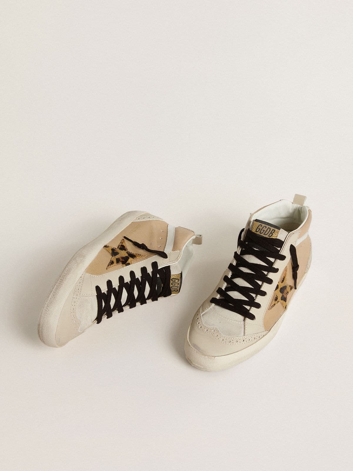 Golden Goose Womens Mid Star In Beige Naplak Leather With Leopard-Print Pony Skin Star Womens