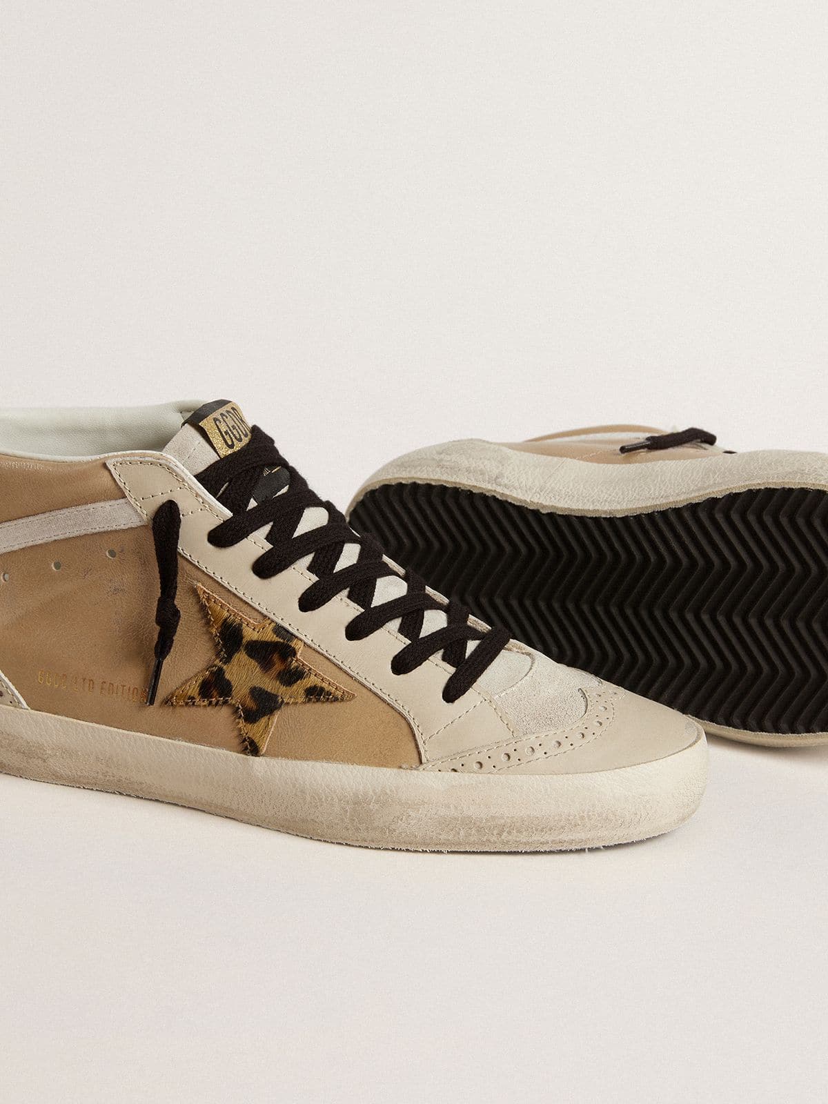 Golden Goose Womens Mid Star In Beige Naplak Leather With Leopard-Print Pony Skin Star Womens