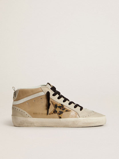 Golden Goose Womens Mid Star In Beige Naplak Leather With Leopard-Print Pony Skin Star Womens