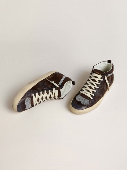 Golden Goose Womens Mid Star In Brown Suede With Leather Star And Swarovski Crystal Flash Womens