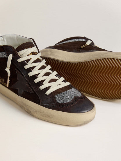Golden Goose Womens Mid Star In Brown Suede With Leather Star And Swarovski Crystal Flash Womens