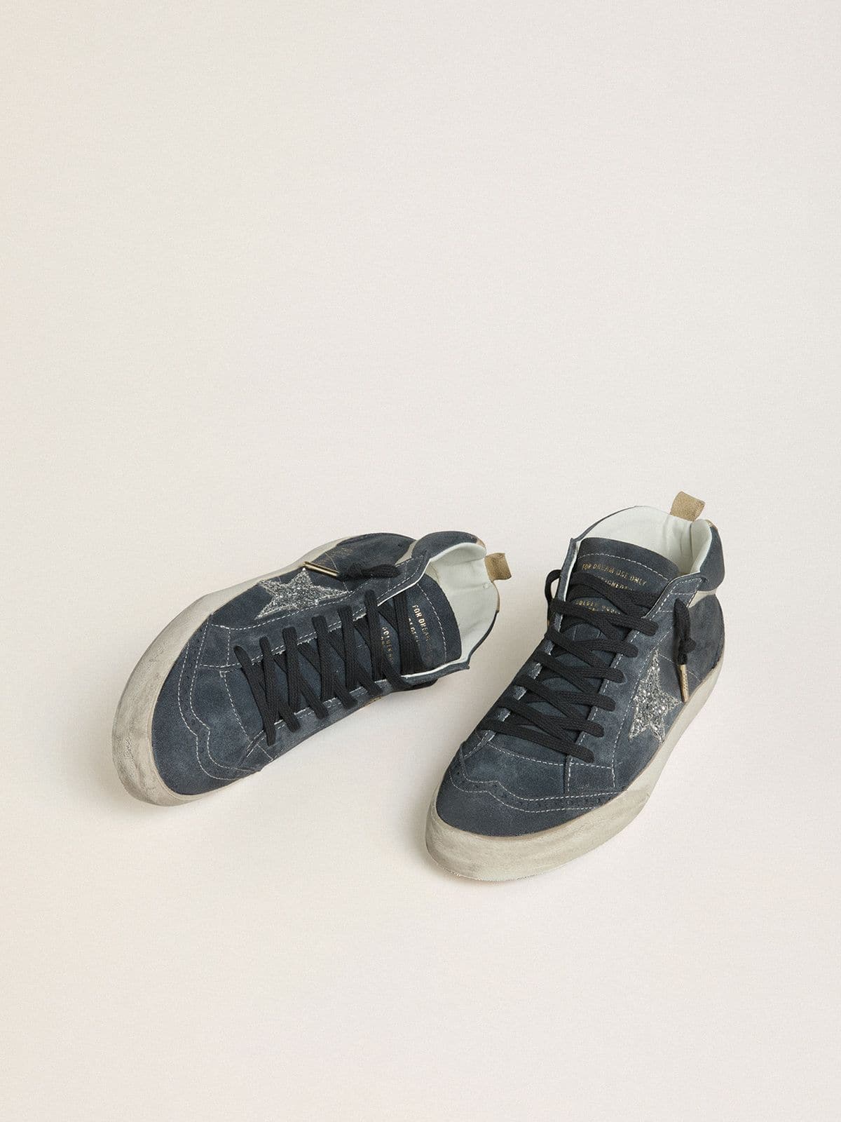 Golden Goose Womens Mid Star In Petrol-Blue Suede With Silver Glitter Star And Cotton Flash Womens