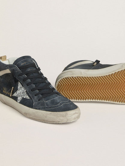 Golden Goose Womens Mid Star In Petrol-Blue Suede With Silver Glitter Star And Cotton Flash Womens