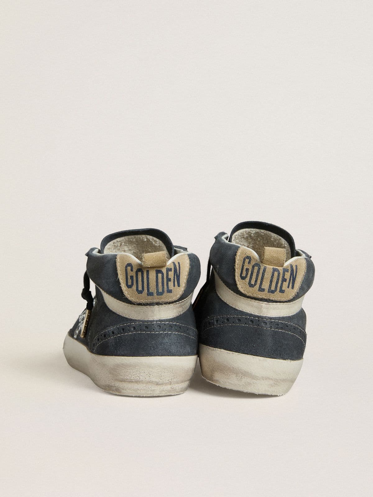 Golden Goose Womens Mid Star In Petrol-Blue Suede With Silver Glitter Star And Cotton Flash Womens