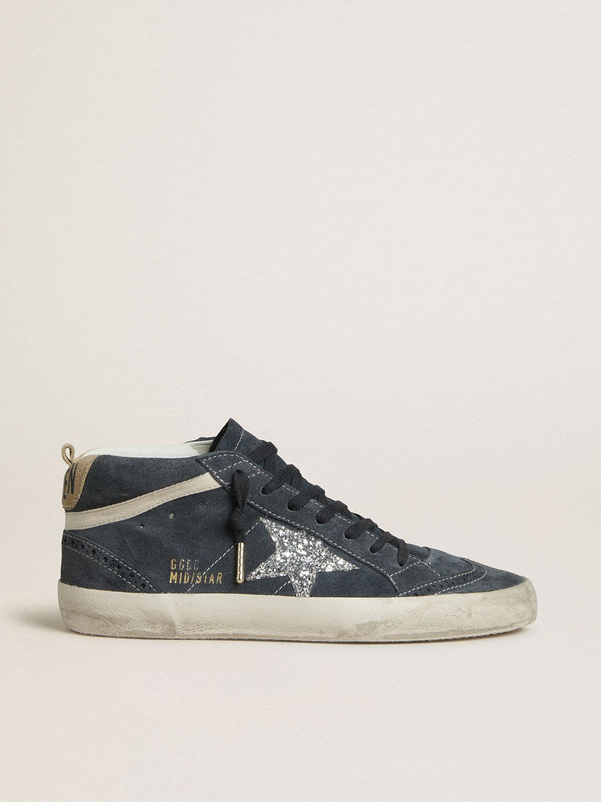 Golden Goose Womens Mid Star In Petrol-Blue Suede With Silver Glitter Star And Cotton Flash Womens