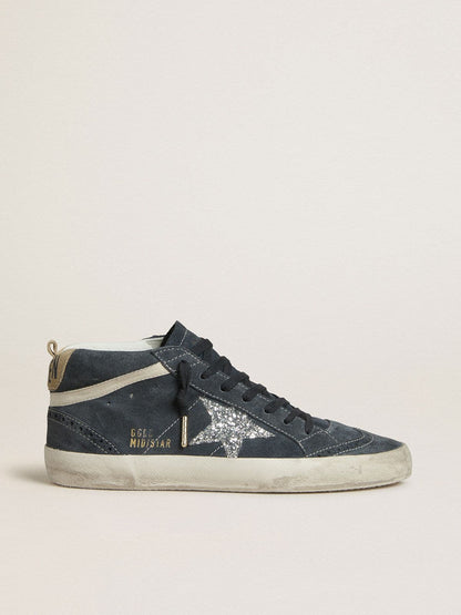 Golden Goose Womens Mid Star In Petrol-Blue Suede With Silver Glitter Star And Cotton Flash Womens