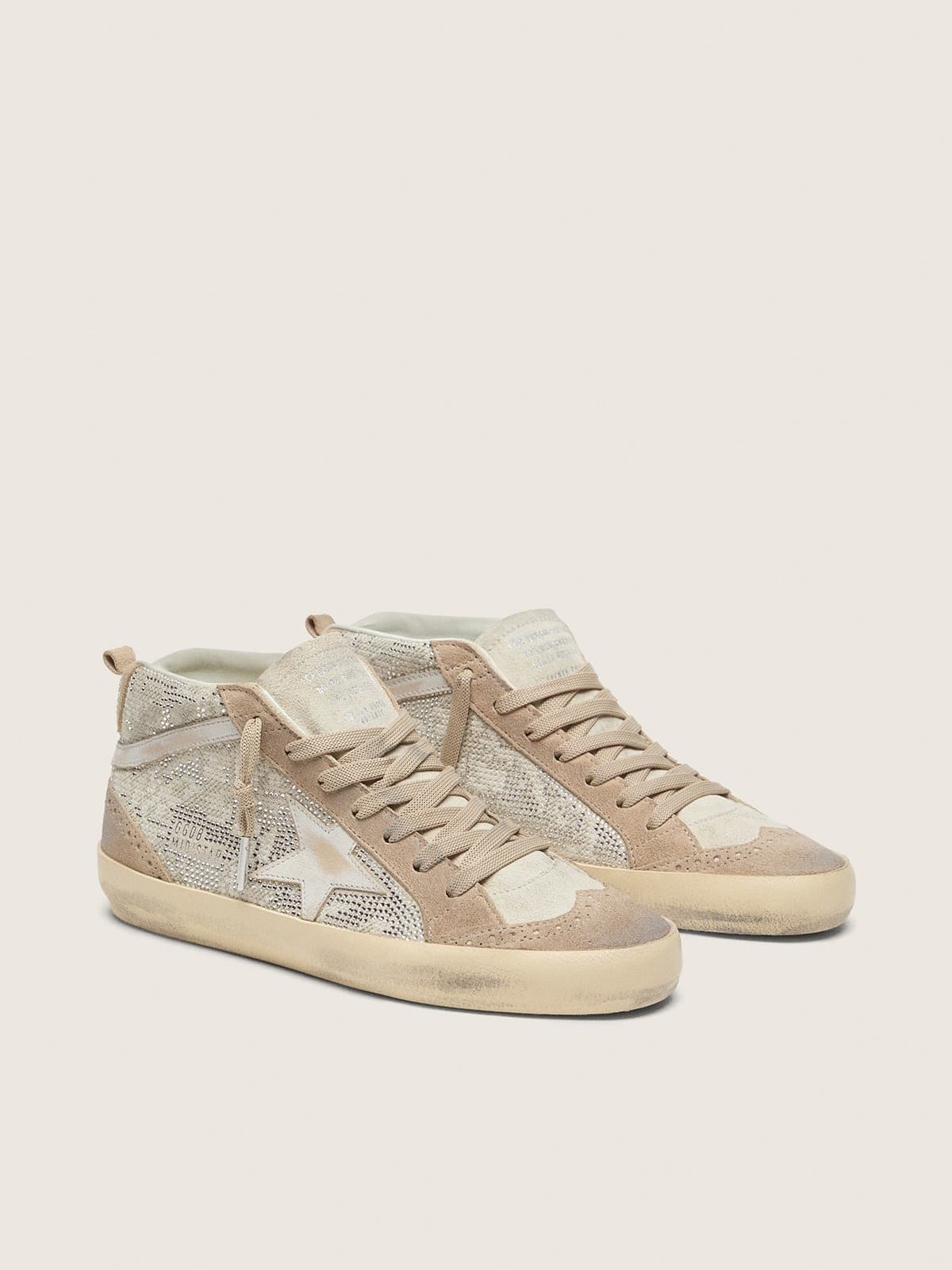 Golden Goose Womens Mid Star In Beige Suede With Silver Swarovski And White Leather Star Womens