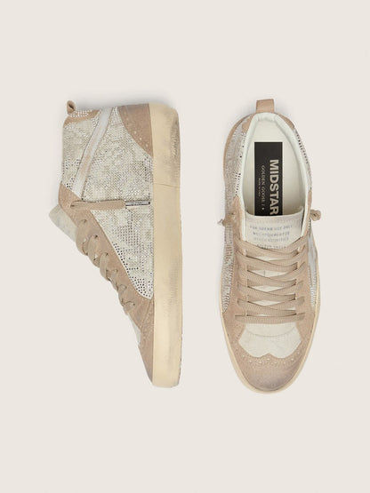Golden Goose Womens Mid Star In Beige Suede With Silver Swarovski And White Leather Star Womens