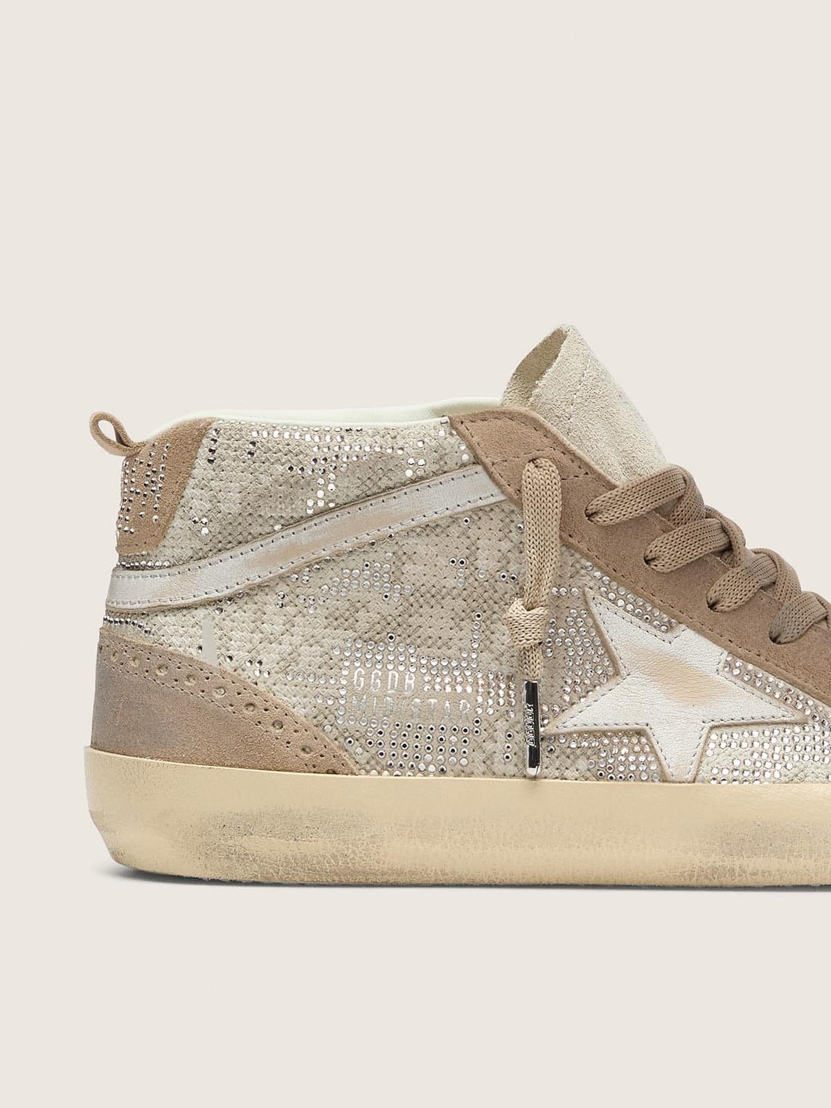Golden Goose Womens Mid Star In Beige Suede With Silver Swarovski And White Leather Star Womens