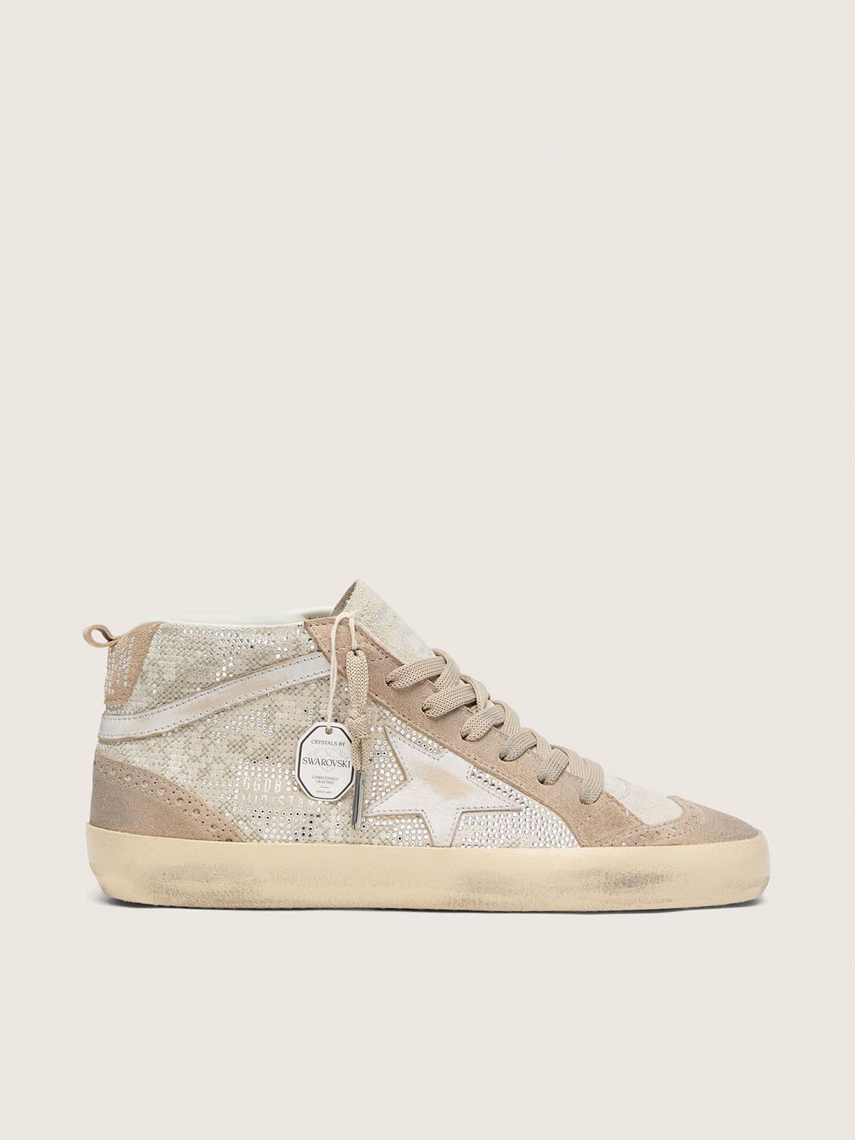 Golden Goose Womens Mid Star In Beige Suede With Silver Swarovski And White Leather Star Womens