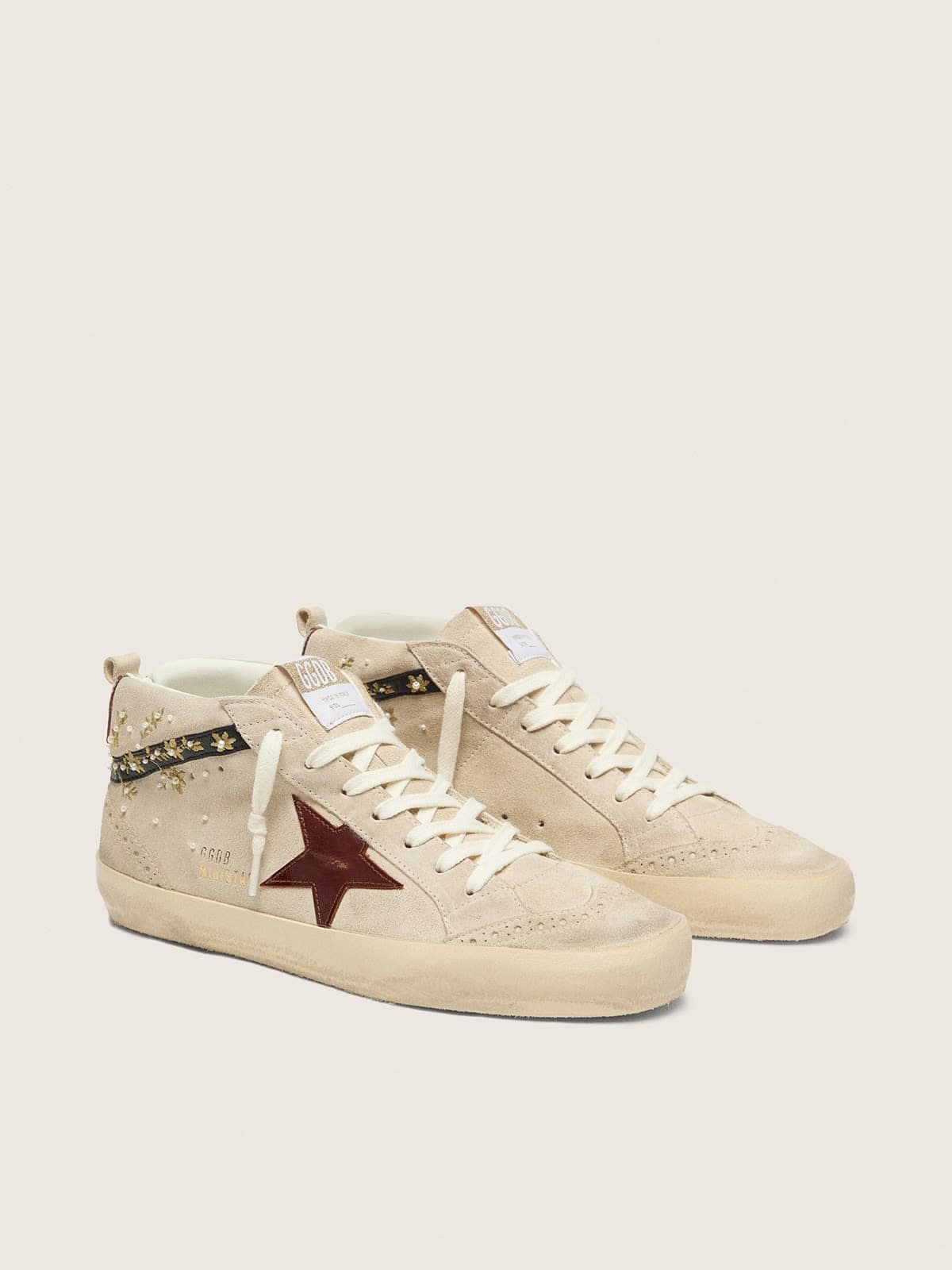Golden Goose Womens Mid Star In Pearl Suede With Burgundy Leather Star And Pearl And Embroidery Inserts Womens