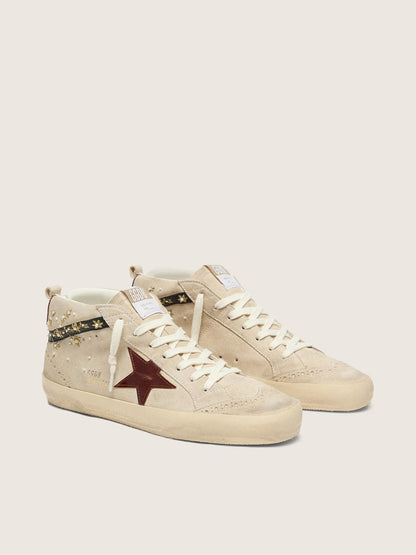Golden Goose Womens Mid Star In Pearl Suede With Burgundy Leather Star And Pearl And Embroidery Inserts Womens