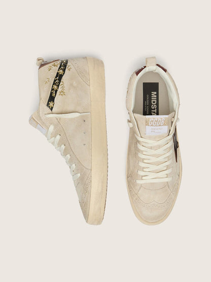 Golden Goose Womens Mid Star In Pearl Suede With Burgundy Leather Star And Pearl And Embroidery Inserts Womens