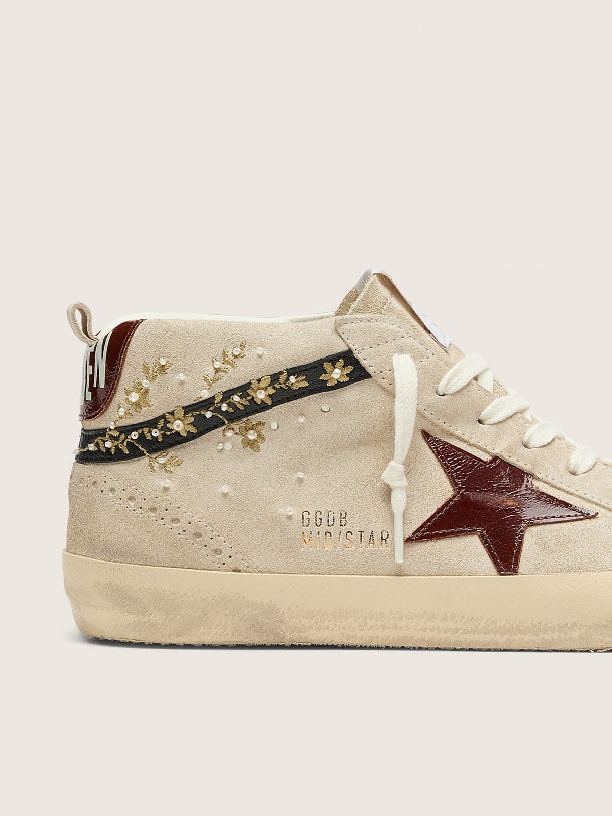 Golden Goose Womens Mid Star In Pearl Suede With Burgundy Leather Star And Pearl And Embroidery Inserts Womens