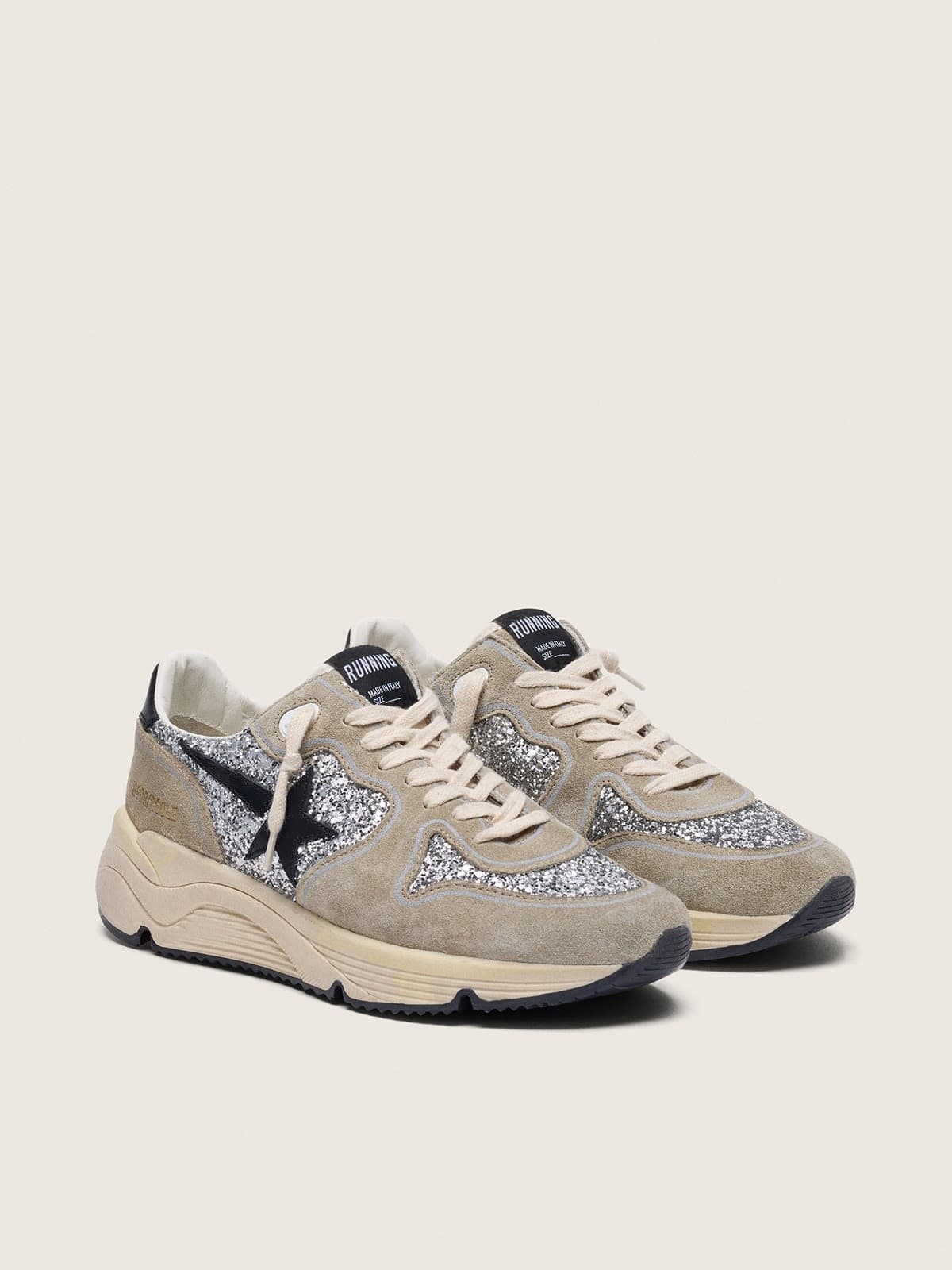 Golden Goose Womens Running Sole In Silver Glitter And Dove Gray Suede Womens