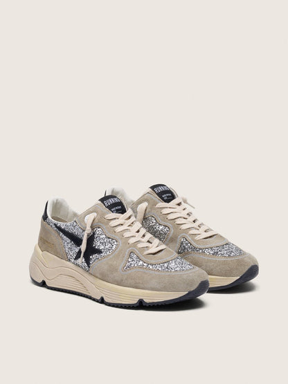 Golden Goose Womens Running Sole In Silver Glitter And Dove Gray Suede Womens