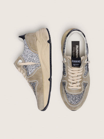 Golden Goose Womens Running Sole In Silver Glitter And Dove Gray Suede Womens