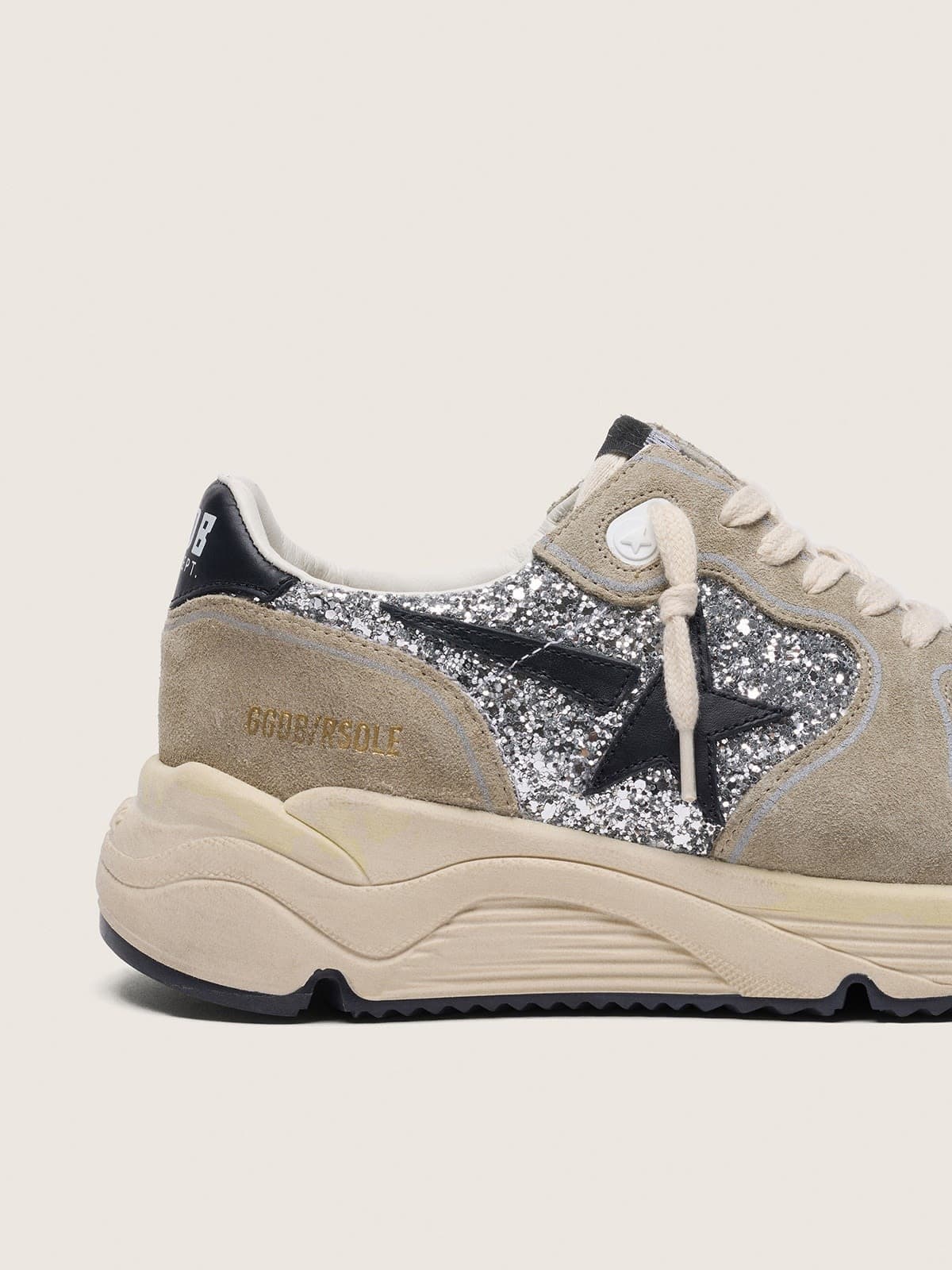 Golden Goose Womens Running Sole In Silver Glitter And Dove Gray Suede Womens