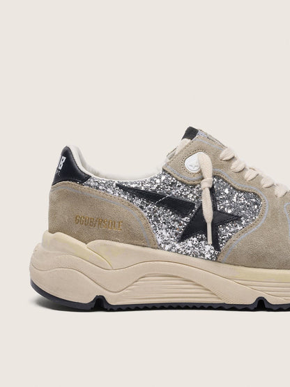 Golden Goose Womens Running Sole In Silver Glitter And Dove Gray Suede Womens