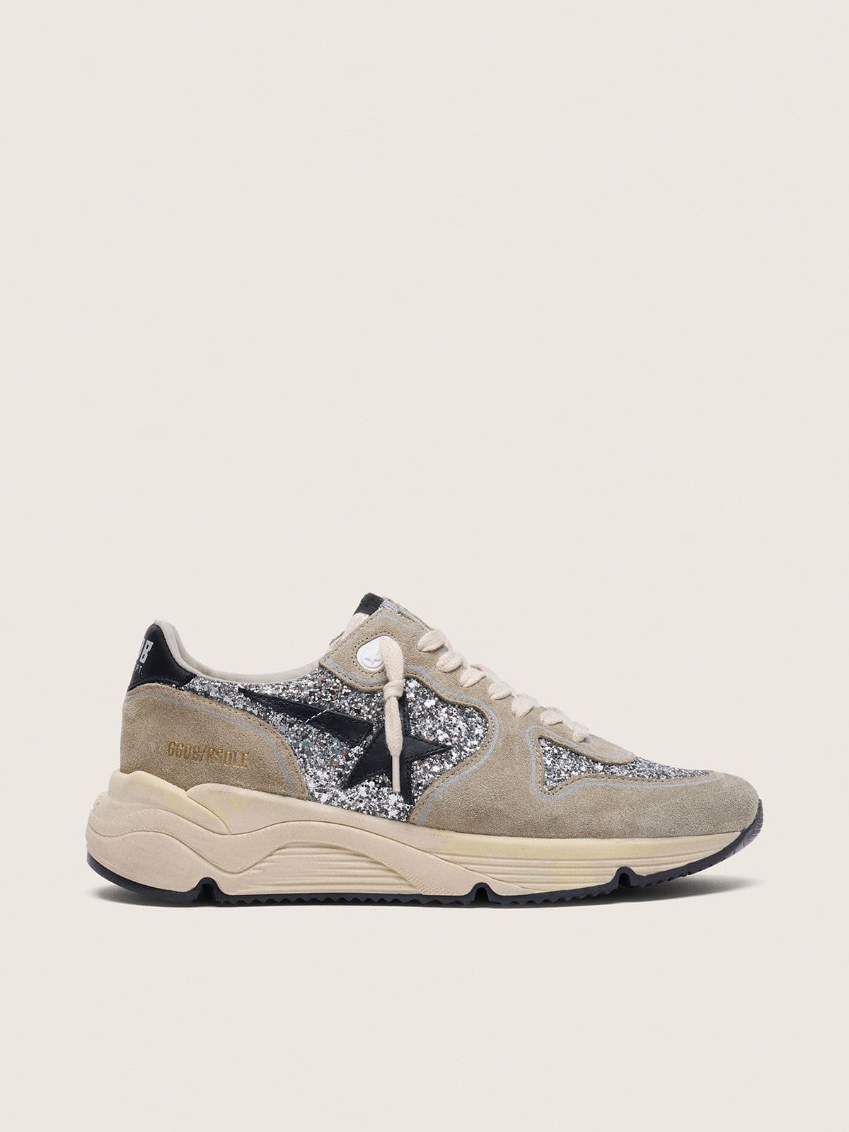 Golden Goose Womens Running Sole In Silver Glitter And Dove Gray Suede Womens